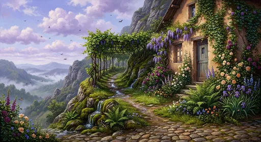 Prompt: In the style of Ivan Shishkin, a highly detailed digital painting depicting a serene countryside scene, the focal point is a small, quaint house with a warm-colored stucco exterior, covered in ivy and flowers, perched against the side of a steep hill at the end of a steep, narrow, wet dirt path carved into the grass-covered rock, with water trickling on the side through rocks, ferns and moss. The house is built into the side of the hill, the earth itself acting like a back wall. The path is shaded by a canopy of trellised grapevines and flanked by moss-covered rocks, roses, irises and wildflowers. The house has a wooden door and a small window, allowing natural light to enter, surrounding the house are lush, green foliage and vibrant flowers in various shades of plum, lavender, cream, peach, and blue. In the background, a vast, mountainous landscape stretches out, with foggy hills and distant mountains. At the top of the image, the sky is filled with fluffy, purple clouds, and a few birds, insects and bats are flying in the distance. The ground is made of cobblestone stones, which add to the rustic feel of the scene, the overall color palette is warm, with shades of blues, greens, and purples dominating the scene. The overall style is highly detailed and realistic, with a focus on vibrant, otherworldly colors and textures. Fine arts illustration, highly detailed digital landscape masterpiece. Oils
