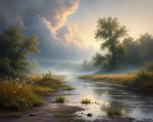 Prompt: a broad, lazy river with patches of fog. Fine arts oil painting of old river scene in Moldavia in the summer, with downed branches and leaves after a summer storm passed. Lush vegetation, moody sky, tall grasses, wild flowering vines. Puddles on the ground. The pre-dawn sky, a gradient of indigo and blush, casts a haunting yet serene ambiance. Towering, green deciduous trees loom in the background, their branches whispering secrets to the breeze. The scene is infused with a sense of history and reverence, wrapping the viewer in an evocative embrace, reminiscent of a melancholic yet beautiful memory.