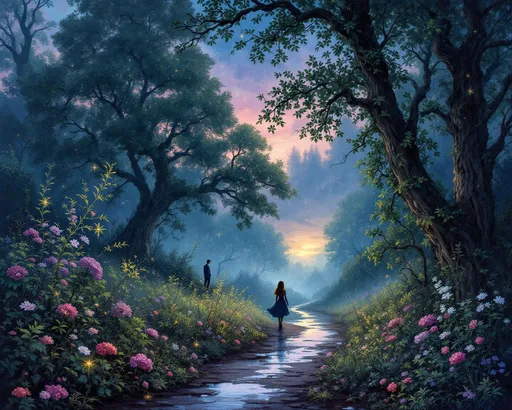 Prompt: woman veers off the marked trail and bursts into a hidden, wild area with flowers, flowering vines, trees and shrubs in the swirling fog. Fine arts oil painting in summer, with downed branches and leaves after a summer storm passed. Puddles on the ground. The twilight sky, a gradient of indigo and blush, casts a haunting yet serene ambiance. Towering, green deciduous trees loom in the background, their branches whispering secrets to the breeze. A pathway, lined with vegetation and magical sparkles, leads into the thicket's tranquil depths, where shadows dance delicately. From the shadows, a handsome, mysterious man looks longingly at her. The scene is infused with a sense of romance and magic. Oil painting