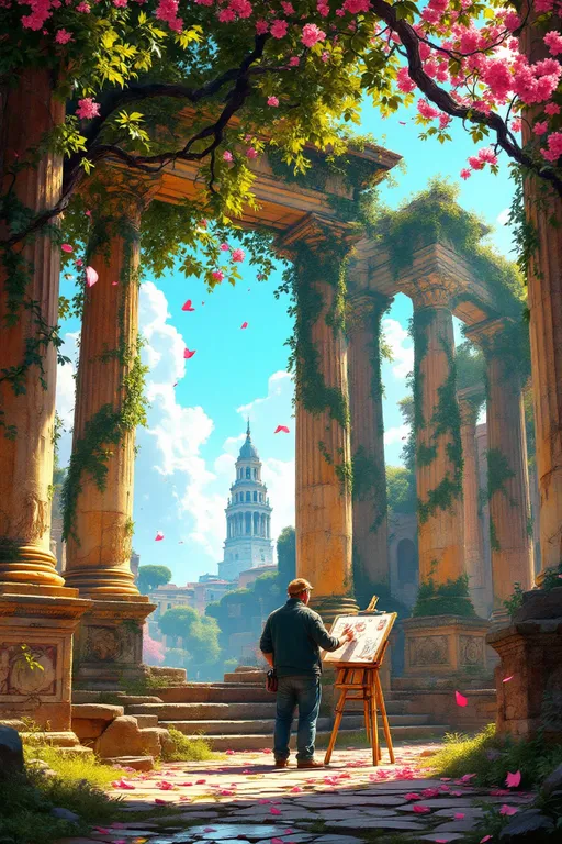 Prompt: The Roman Forum glowing in warm ochres and vibrant deep greens, ancient weathered columns etched with intricate carvings of forgotten gods, lush ivy threading through their cracks. In bright sunlight, a lone artist sketches a distant bell tower, pausing as pink petals drift from a blossoming tree across the sunlit ruins, enhanced brightness, oils
Clear input