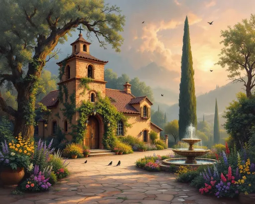 Prompt: Imagine a cute, brick village church bathed in the soft glow of late afternoon light, with muted, retro browns-reds-beige color scheme that evoke a sense of nostalgia, in a country village with overgrown shade trees. Enchanting little houses Spanish-inspired with terracotta and tiles, their pastel façades adorned with climbing vines, stand proudly amidst an array of vibrant potted flowers spilling over the edges. Flower beds, lush and fragrant, burst with hues of lavender, yellow, and pink, while a charming miniature fountain bubbles gently at the center, casting sparkling reflections on the surrounding greenery. Birds peck on the ground.  a high, wild area with flowers, flowering vines, trees and shrubs in the swirling fog. Fine arts oil painting in summer, with downed branches and leaves after a summer storm passed. Puddles on the ground. The shimmering, sparkling twilight sky, a gradient of indigo and blush, casts a haunting yet serene ambiance. Towering, green deciduous trees loom in the background, their branches whispering secrets to the breeze. A pathway, lined with vegetation and magical sparkles, leads into the thicket's tranquil depths, where shadows dance delicately. The scene is infused with a sense of wonder and magic. Oil painting