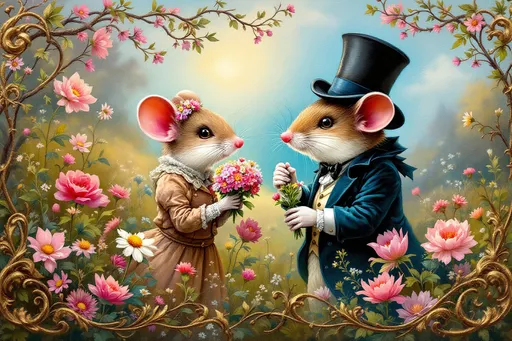 Prompt: oil painting, mouse gentleman courts mouse lady in the countryside, joyous atmosphere, vibrant yet subdued colors, oval storybook illustration, delicate frame of intertwining vines adorned with fine gold trim, gentle lighting highlighting soft textures, ultra-detailed and high-quality execution.