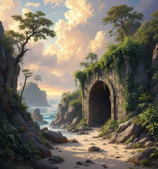 Prompt: Create a n atmospheric oil painting of an enchanting late summer scene set on a misty beach with large rocks and tall, lush vegetation. The sky overhead is brooding with the remnants of a departing storm, clouds swirling in shades of blush, gold and purple, while a slight haze gradually drifts in from afar, hinting at the changing weather.  An old, mysterious carved stone archway bridge, partially shrouded in lush vines and moss, invites curiosity, its weathered surface telling tales of long-forgotten pathways. The beach is covered in dense, jungle-like vegetation with vines, trees and flowering plants. The entire composition is imbued with a sense of tranquility and mystery, perfect for a cinematic lighting, oil painting style.