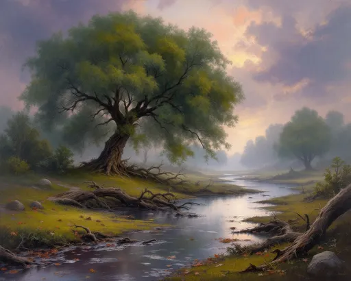 Prompt:  lazy river in the swirling fog. Fine arts oil painting of the outskirts of Roman, Romania in summer, with downed branches and leaves after a summer storm passed. Puddles on the ground. The twilight sky, a gradient of indigo and blush, casts a haunting yet serene ambiance. Towering, green deciduous trees loom in the background, their branches whispering secrets to the breeze. The scene is infused with a sense of history and reverence, wrapping the viewer in an evocative embrace, reminiscent of a melancholic yet beautiful memory.