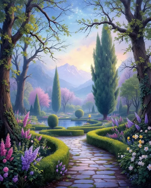 Prompt: park with flowers, roses, flowering vines, trees and shrubs framed by boxwood hedges in the swirling fog, along winding stone paths. Lilacs, wisteria and daffodils line a pond in the distance, and faraway mountains shrouded in mist. Fine arts oil painting in summer, with downed branches and leaves after a summer storm passed. Puddles on the ground. The shimmering, sparkling twilight sky, a gradient of indigo and blush, casts a haunting yet serene ambiance. Towering, green deciduous trees loom in the background, their branches whispering secrets to the breeze. A pathway, lined with vegetation and magical sparkles, leads into the thicket's tranquil depths, where shadows dance delicately. The scene is infused with a sense of wonder and magic. Oil painting