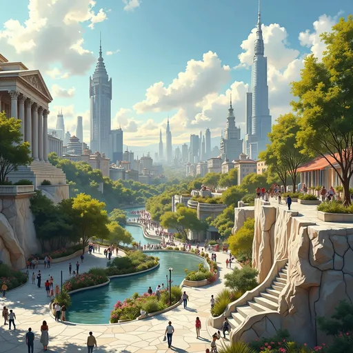 Prompt: A breathtaking futuristic cityscape with a harmonious blend of advanced architecture and lush green spaces. In the side of the frame stands a hill topped by an ornate neoclassical-inspired marble building with wide stairs leading to a grand forecourt and portico. The city features elevated garden terraces, flowing waterways, tree-lined pedestrian boulevards, and numerous seating areas with elegant benches. Transparent walkways connect sleek skyscrapers adorned with vertical gardens. Sunlight filters through the buildings, casting gentle shadows across well-designed public squares filled with native plants and artistic installations. The urban planning emphasizes human-scale spaces for gathering and relaxation amidst cutting-edge sustainable technology. Hyper-detailed, wide-angle perspective, beautiful lighting, 8k resolution. Oil painting