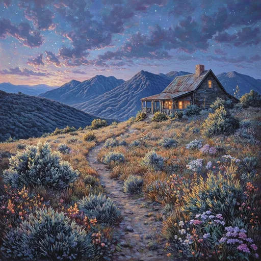Prompt: A rustic, lonely cottage stands resolutely amidst the undulating hills, its weathered wooden exterior glowing softly in the fading light of twilight. The sky transitions to a canvas of deep indigos and soft purples, with the last slivers of sunlight casting a gentle embrace over the landscape. Surrounding the cottage, sagebrush sways softly in the cool evening breeze, while late-season grasses and delicate wildflowers bloom with vibrant hues, illuminated by the emerging stars above. The air carries the faint scent of earth and floral sweetness, capturing the serene hush of dusk. The scene evokes a sense of calm solitude, as the cottage beckons to weary travelers. Rendered in oils, reminiscent of Bob Ross's warm, joyful style, every brushstroke breathes life into this tranquil haven of nature's beauty.  Exquisite oil painting 