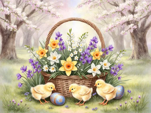Prompt: Imagine a charming Victorian-style Easter greeting card, adorned with a delicate basket overflowing with vibrant snowdrops, cheerful crocuses, fragrant violets, sunny daffodils, and pristine lily of the valley. The scene is bathed in soft pastel hues, as the gentle light of spring filters through a canopy of blooming trees, casting a warm glow on the flowers. Nestled among the blossoms are fluffy newborn chicks, their downy feathers glowing in the light, playfully interacting with the intricately decorated Easter eggs that lay scattered around the basket. This enchanting composition, rendered in dreamy watercolor, evokes a sense of joy and renewal, capturing the delicate beauty of the season.