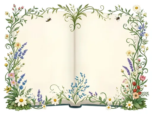 Prompt: An exquisitely detailed digital painting of an illustrated storybook page, with the natural elements arranged primarily as an ornate decorative frame around a large, mostly bare central page. Curving botanical vines, delicate stems, leaves, wildflowers, curling tendrils, and occasional bees weave together along the edges and corners, forming an elaborate but organic border. Graceful Art Nouveau–like curlicues and looping vines create elegant flowing shapes, with flowers and foliage appearing at irregular intervals rather than as a rigid symmetrical pattern.
The center of the page remains quiet, open, and largely empty, providing generous negative space. The decorative vegetation should hug the margins and corners, with a few elements naturally reaching inward without filling the page. Wildflowers,  flax flowers, ladybugs, moss, lavender, wild rose, daisies. 
Whimsical illustrated-book artwork, luminous fine-art digital painting, hand-painted appearance, delicate painterly texture, soft natural colors, graceful botanical detail, elegant ornamental border, organic asymmetry, gentle dreamy atmosphere, richly illustrated edges, expansive blank center, non-photorealistic, not a photograph, not a picture of a physical book, no visible page edges or book cover, no text.