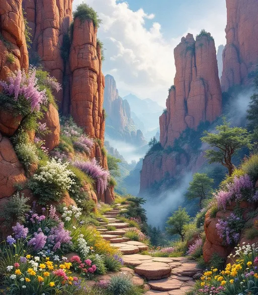 Prompt: Imagine a breathtaking nighttime, springtime pencil, marker and watercolor painting landscape of otherworldly red stone formations—ancient, craggy cliffs and sculptural rock towers curving over the ground, shrouded in mist, looming over distant valleys, their weathered surfaces etched with time. 
Nestled within cracks and terraces of the rock, an otherworldly rock garden has taken hold. Delicate life emerges improbably from the stone in an explosion of color: silky grass, delicate otherworldly wildflowers, colorful succulents, tender green shrubs, yellow forsythia, purple wisteria, pink clematis, dew-covered ivy and small, wind-shaped trees rooted in narrow seams of soil. Soft pink and white blossoms cascade from the rock faces, while lilacs, daffodils, hyacinths, snowdrops, tulips, irises, bluebells, dandelions, and other spring flowers bloom in pockets between boulders and along natural stone steps, as if the cliffs themselves are flowering.
Moonlight glimmers on dew-kissed petals and mineral surfaces alike, lending a cool, faintly golden glow to the stone and blooms. Above is a star-filled night sky streaked with distant nebulae, casting gentle shadows that emphasize the scale and texture of the rock formations. Below, sparse but lush dark green grasses ripple softly at the base of the cliffs, reinforcing the contrast between unyielding stone and fragile life.
Rendered as a highly detailed oil landscape in the spirit of 19th-century realist painting, the scene invites the viewer to lose themselves in the serene tension between monumental geology and the quiet persistence of spring.