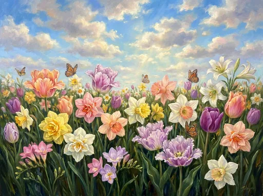 Prompt: A sprawling, sunlit field bursts with a riot of colorful wild daffodils and tulips, their vibrant petals dancing gently in the warm breeze. Frilly, ombre tulips. Double-petalled daffodils. Pink, peach and white  daffodils. Pink  and lavender freesias. White lilies. Purple tulips. Frilly, lavender-and-white tulips. Yellow daffodils. White daffodils. Dark green grass. The sky above is a canvas of fluffy clouds lazily drifting across a brilliant blue expanse, casting soft shadows on the flower-laden ground. Soft rays of sunlight filter through the clouds, illuminating patches of the blossoms and creating a warm, inviting atmosphere. A few playful butterflies flit between the flowers, adding life and movement to the serene scene. This idyllic moment captures the essence of spring, evoking feelings of joy and tranquility, perfect for a dreamy springtime landscape illustration. Oils.