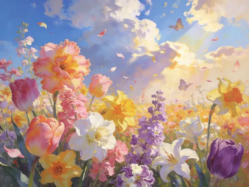 Prompt: A sprawling, sunlit field bursts with a riot of colorful wild daffodils and tulips, their vibrant petals dancing gently in the warm breeze. Frilly, ombre tulips. Double-petalled daffodils. Pink, peach and white  daffodils. Pink  and lavender freesias. White lilies. Purple tulips. Frilly, lavender-and-white tulips. Yellow daffodils. White daffodils.The sky above is a canvas of fluffy clouds lazily drifting across a brilliant blue expanse, casting soft shadows on the flower-laden ground. Soft rays of sunlight filter through the clouds, illuminating patches of the blossoms and creating a warm, inviting atmosphere. A few playful butterflies flit between the flowers, adding life and movement to the serene scene. This idyllic moment captures the essence of spring, evoking feelings of joy and tranquility, perfect for a dreamy springtime landscape illustration. Oils.