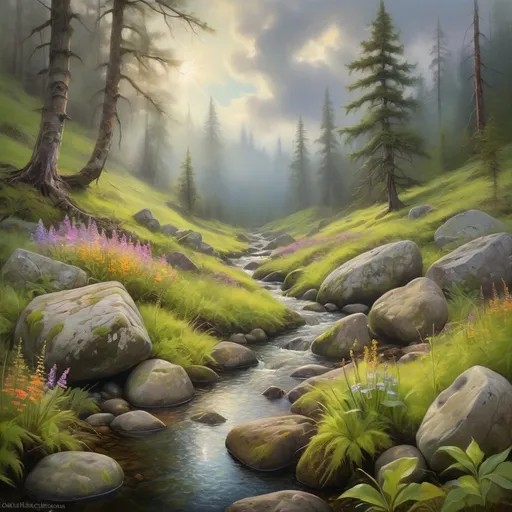 Prompt: (magical meadow, profuse and detailed wildflowers, serene creek, lush vegetation, mossy boulders, surrounded by misty forest, dappled sunlight filtering through trees, moody sky with dramatic clouds, exquisitely detailed, outdoor nature scene, (fine arts illustration), (oil painting), vibrant colors, enchanting atmosphere, enchanting realism, ultra-detailed composition, tranquil ambiance)