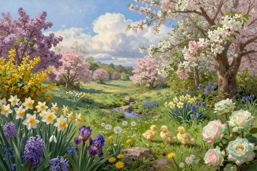 Prompt: Imagine a breathtaking springtime landscape, enveloped in a tapestry of vibrant colors and delicate fragrances. Fluffy, white clouds drift lazily across an azure sky, casting soft shadows over a lush expanse of dark green grass that dances gently in the light breeze. Tender green shrubs burst forth alongside forsythia  and trees adorned with blossoms in soft pinks and whites. A symphony of flowers generously carpets the scene: fragrant lilacs and cheerful daffodils intermingle with vibrant hyacinths, delicate snowdrops, bold irises, charming bluebells, and scattered dandelions, creating a kaleidoscope of colors. Green-white roses with pink-edged petals glisten with dewdrops that refract rainbows in the sunlight. The sunlight glimmers on dew-kissed petals, lending a warm, golden glow to the serene countryside. Fluffy yellow chicks and ducklings. Blue creek over grass and rocks. Bees, butterflies and birds. This highly detailed oil landscape invites viewers to lose themselves in its tranquil beauty, reminiscent of 19th-century realist works.