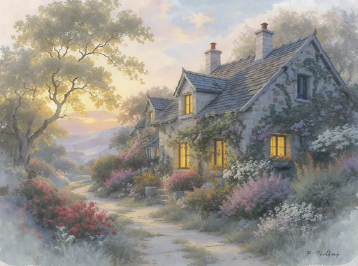 Prompt: A watercolor painting of a stone cottage with a flower garden at sunset 