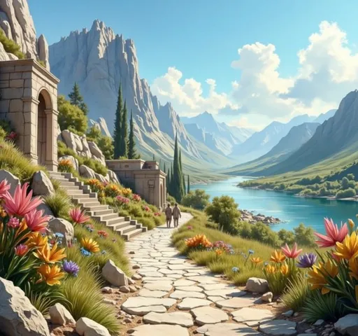 Prompt: Oil painting of scenery on another planet. View from beside an ancient stone road at bright mid-morning under a deep blue sky. In the near distance along the road stand a series of narrow, two-stories-tall, three-walled buildings of pale stone, open toward the viewer with display cases, each housing intricate historical dioramas. The stone road is smooth and weathered, flanked by carved pillars and low crumbling walls half-buried under masses of brilliant wallflowers that spill over every edge in multicolored profusion. Beyond the road, the land falls gently away toward the far side, opening into a vast, nearly flooded river valley on a paradise-like, water-rich alien world. The continent-spanning megariver is broad, deep, and swollen by recent rains, its clear dark blue-green water swirling powerfully around smooth wet boulders. The valley floor is flat and lush, covered in tall, glossy, emerald-green grass and strange, colorful otherworldly flowers; water trickles through the growth in countless shallow streams. Friendly, cute alien mammals and bright birds wander peacefully among shrubs and over the creeks. Across the river, faint traces of an ancient civilization rise from the landscape — pale-stone roads, carved pillars, and ruined buildings of alien architecture scattered among the wildflowers. Extraterrestrial people of various alien races, in loose off-white clothes, walk on the road and look at the displays. Farther still, on a gentle hill among rolling green highland meadows, stands a magnificent stone palace complex of unearthly architecture: intricate, elegant, and surrounded by alpine vegetation and blooming wildflowers. Serene, cinematic, otherworldly paradise. Highly detailed oil painting style, sci-fi. No movie aliens, no tall cliffs.