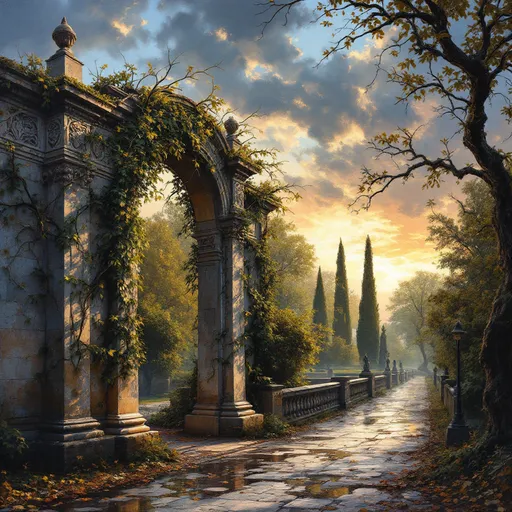 Prompt: atmospheric fine arts oil painting of city streets in Roman, Romania in summer, with downed branches and leaves after a summer storm passed. Puddles on the ground. The sky, a gradient of indigo, gold and blush, casts a haunting yet serene ambiance over a weathered stone archway adorned with intricate carvings, partially draped in creeping ivy. Towering, green deciduous trees loom in the background, their branches whispering secrets to the breeze. A pathway, lined with ancient statues, leads into the park’s tranquil depths, where shadows dance delicately.  The scene is infused with a sense of history and reverence, wrapping the viewer in an evocative embrace, reminiscent of a melancholic yet beautiful memory.