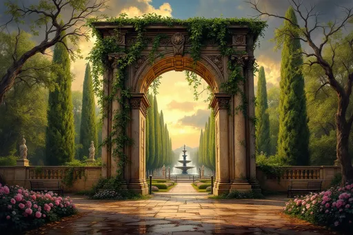 Prompt: atmospheric fine arts oil painting of city park in Roman, Romania in summer, with downed branches and leaves after a spring storm passed. Puddles on the ground, flowers blooming in neat beds. The sky, a gradient of indigo, gold and blush, casts a haunting yet serene ambiance over a weathered stone archway adorned with intricate carvings, partially draped in creeping plants. Towering, green deciduous trees loom in the background, their branches whispering secrets to the breeze. A pathway leads, lined with ancient statues and iron benches, leads into the park’s tranquil depths and a spectacular fountain, where shadows dance delicately.  The scene is infused with a sense of history and reverence, wrapping the viewer in an evocative embrace, reminiscent of a melancholic yet beautiful memory.