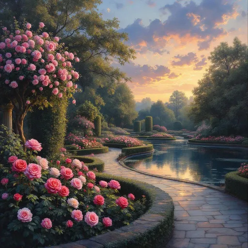 Prompt: varied roses bordered by neat hedges, blooming along curved stone paths through exquisitely beautiful park and pond at dawn. Moody sky with indigo, gold and blush. Oil painting