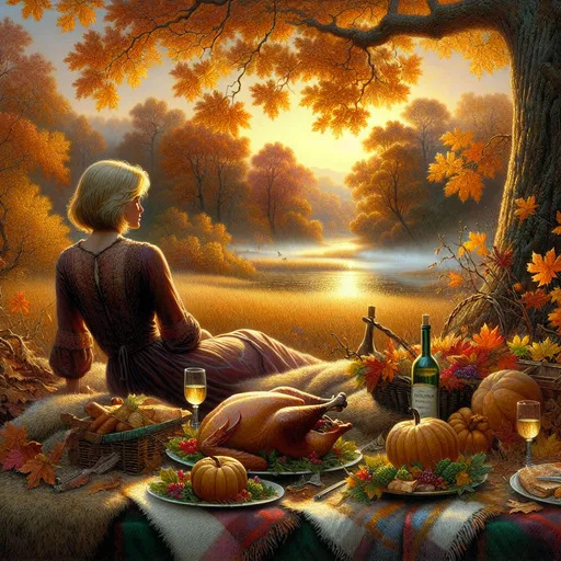 Prompt: fall scene in lush meadow in California Modesto Valley, pensive 40 year old woman with chin-length blonde bob hair looks into the distance away from camera, faint mist, color-changing trees, distant sparkling river, warm mellow light, wine bottle, wine glass on table with plaid fuzzy blanket, sun shining through falling leaves, roast turkey, pumpkins, fall leaves in a vase, exquisitely detailed fine arts illustration, watercolors