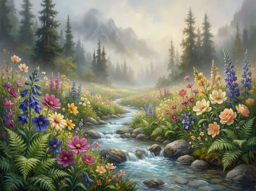 Prompt: ethereal landscape on another world. In the foreground, a serene brook meanders through a lush meadow, its crystal-clear water bubbling softly over smooth pebbles. Surrounding the brook, an explosion of vibrant, otherworldly wildflowers in various hues- pinks, purples, blues, yellows, peaches, creams, fuchsias, indigos and lavender- leans in gently, their petals glistening with morning dew. Ferns, lush and verdant, create a soft, textured carpet that invites you to linger. Above, the fog envelops the landscape, shrouding the distant coniferous treetops on a mountain slope in an ethereal veil, casting a sense of mystery and wonder. The diffused light filters through the fog, illuminating the scene with a dreamy softness, evoking a tranquil and enchanted atmosphere. Highly detailed, cinematic, 8K, oils