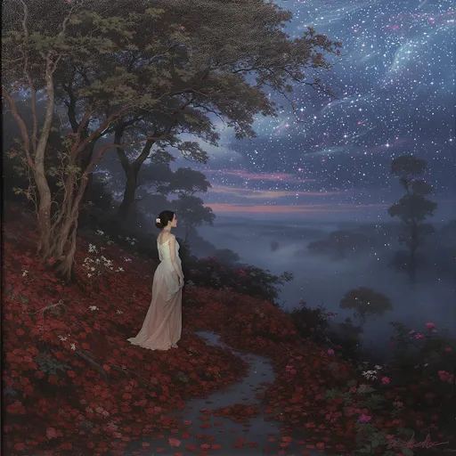 Prompt: woman veers pensively looks into the distance from a high, wild area with flowers, flowering vines, trees and shrubs in the swirling fog. Fine arts oil painting in summer, with downed branches and leaves after a summer storm passed. Puddles on the ground. The shimmering, sparkling twilight sky, a gradient of indigo and blush, casts a haunting yet serene ambiance. Towering, green deciduous trees loom in the background, their branches whispering secrets to the breeze. A pathway, lined with vegetation and magical sparkles, leads into the thicket's tranquil depths, where shadows dance delicately. The scene is infused with a sense of wonder and magic. Oil painting