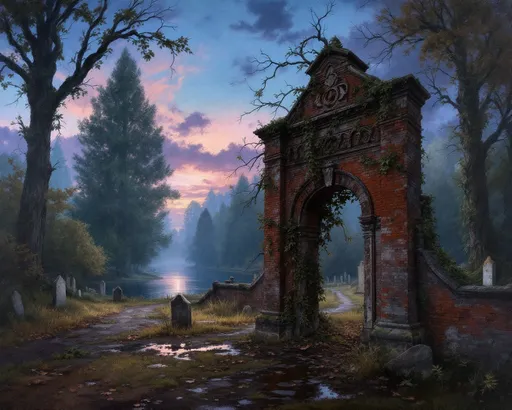 Prompt: An old brick mill decaying by a lazy river in the swirling fog. Fine arts oil painting of the outskirts of Roman, Romania in summer, with downed branches and leaves after a summer storm passed. Puddles on the ground. The twilight sky, a gradient of indigo and blush, casts a haunting yet serene ambiance over a weathered stone archway adorned with intricate carvings, partially draped in creeping ivy. Towering, green deciduous trees loom in the background, their branches whispering secrets to the breeze. A pathway, lined with ancient tombstones, leads into the cemetery’s tranquil depths, where shadows dance delicately.  The scene is infused with a sense of history and reverence, wrapping the viewer in an evocative embrace, reminiscent of a melancholic yet beautiful memory.
