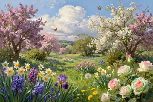 Prompt: Imagine a breathtaking springtime landscape, enveloped in a tapestry of vibrant colors and delicate fragrances. Fluffy, white clouds drift lazily across an azure sky, casting soft shadows over a lush expanse of dark green grass that dances gently in the light breeze. Tender green shrubs burst forth alongside trees adorned with blossoms in soft pinks and whites. A symphony of flowers generously carpets the scene: fragrant lilacs and cheerful daffodils intermingle with vibrant hyacinths, bold irises, charming bluebells, and scattered dandelions, creating a kaleidoscope of colors. Green-white roses with pink-edged petals glisten with dewdrops that refract rainbows in the sunlight. The sunlight glimmers on dew-kissed petals, lending a warm, golden glow to the serene countryside. Bees, butterflies and birds. This highly detailed oil landscape invites viewers to lose themselves in its tranquil beauty, reminiscent of 19th-century realist works.