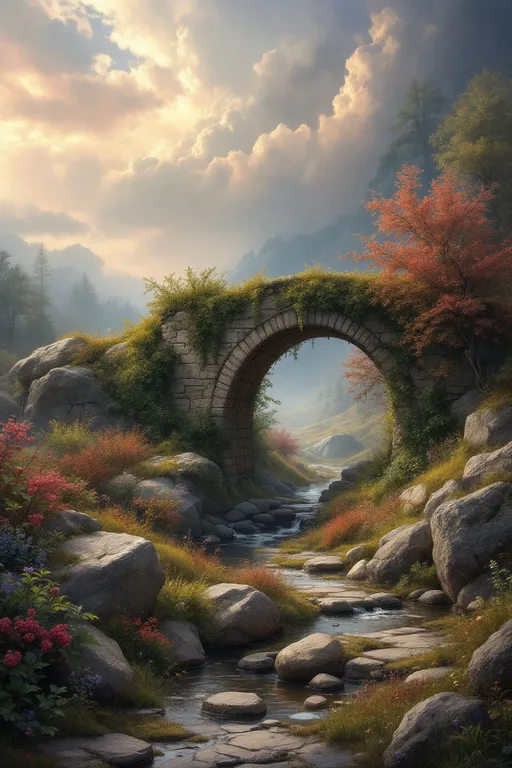 Prompt: Create a fine arts oil painting of an enchanting late summer scene set in a misty river valley with large boulders. The sky overhead is brooding with the remnants of a departing storm, clouds swirling in shades of blush, gold and purple, while a slight haze gradually drifts in from afar, hinting at the changing weather. In the foreground, dewy vegetation glistens in the soft light, peppered with vibrant, ripe berries, wildflowers and richly colored shrubs that contrast against the muted earth tones. An old, mysterious stone archway bridge, partially shrouded in lush vines and moss, invites curiosity, its weathered surface telling tales of long-forgotten pathways. The entire composition is imbued with a sense of tranquility and mystery, perfect for a cinematic lighting, oil painting style.