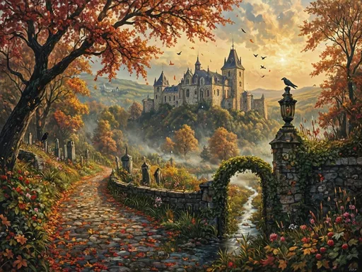 Prompt: create a Fine arts oil painting of a tragic and romantic scene in Roman, An autumnal, gothic romantic scene set in Romania. Vibrant multicolored fall leaves—wine, amber, rust, gold, and deep crimson—cascade gently from towering deciduous trees and swirl across the cobblestone path wet with the passing rain, with small puddles. Rolling hills in rich autumn hues stretch toward the horizon under a golden late-afternoon sun that casts warm, inviting light through drifting mist. Wispy clouds move lazily across an indigo-to-blush sky.
A grand, elaborate Gothic castle rises in the background, majestic yet forlorn, its stone walls glowing softly in the warm autumn light. Ancient trees whisper overhead; crows perch among their branches, one watching from up close with curious intent. A side pathway lined with weathered tombstones leads into a quiet, overgrown cemetery where colorful wildflowers defy decay. A sparkling creek bordered by vines, berries, reeds, and ferns winds nearby, reflecting the golden light.
In the foreground, an ornate stone arch is draped in ivy, its weathered stones showing hints of moss and lichen under a grapevine.
The mood is intimate, tragic, and romantic. Painterly oil-paint textures enrich the warm autumn tones. A delicate curlicue frame surrounds the image like an ornate greeting card, blending Gothic melancholy with the cozy richness of fall. Soft mist gathers around the edges of the composition with wind-blown leaves, and the sky shows a hint of stars.