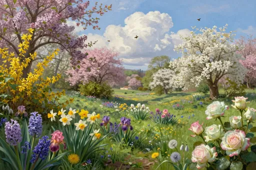 Prompt: Imagine a breathtaking springtime landscape, enveloped in a tapestry of vibrant colors and delicate fragrances. Fluffy, white clouds drift lazily across an azure sky, casting soft shadows over a lush expanse of dark green grass that dances gently in the light breeze. Tender green shrubs burst forth alongside forsythia  and trees adorned with blossoms in soft pinks and whites. A symphony of flowers generously carpets the scene: fragrant lilacs and cheerful daffodils intermingle with vibrant hyacinths, delicate snowdrops, bold irises, charming bluebells, and scattered dandelions, creating a kaleidoscope of colors. Green-white roses with pink-edged petals glisten with dewdrops that refract rainbows in the sunlight. The sunlight glimmers on dew-kissed petals, lending a warm, golden glow to the serene countryside. Bees, butterflies and birds. This highly detailed oil landscape invites viewers to lose themselves in its tranquil beauty, reminiscent of 19th-century realist works.
