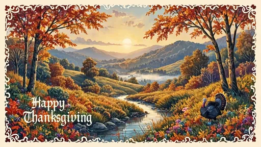 Prompt: Envision a Thanksgiving greeting card set in a picturesque outdoor scene, where vibrant, multicolored autumn leaves cascade gently from the branches of towering trees. Delicate curlicue frame embellishes the edges of the card, its intricate design harmonizing beautifully with the surrounding nature. Happy Thanksgiving is written in elaborate Gothic script. The rolling hills, blanketed with hues of wine, amber and rust, stretch toward the horizon under a golden, late afternoon sun that casts warm, inviting light across the landscape resplendent with greens, reds, browns, purples, yellows and orange tones as a gentle mist rises and a turkey preens. A sparkling creek is bordered by vines, berries, ferns and reeds. Wispy clouds drift lazily across the sky, while a gentle breeze stirs the fallen leaves, creating a whimsical dance of colors. The warm, rich tones of oil paint enhance the overall feeling of coziness and gratitude. 
