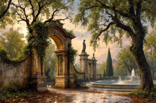 Prompt: atmospheric fine arts oil painting of city park in Roman, Romania in summer, with downed branches and leaves after a spring storm passed. Puddles on the ground. The sky, a gradient of indigo, gold and blush, casts a haunting yet serene ambiance over a weathered stone archway adorned with intricate carvings, partially draped in creeping plants. Towering, green deciduous trees loom in the background, their branches whispering secrets to the breeze. A pathway leads, lined with ancient statues and iron benches, leads into the park’s tranquil depths and a spectacular fountain, where shadows dance delicately.  The scene is infused with a sense of history and reverence, wrapping the viewer in an evocative embrace, reminiscent of a melancholic yet beautiful memory.