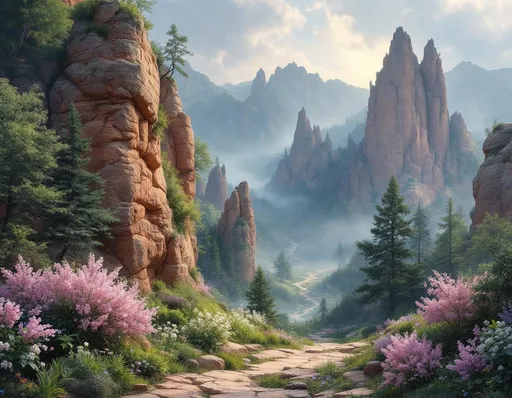 Prompt: Imagine a breathtaking springtime oil painting landscape of towering, magnificent, porous red stone formations—ancient, craggy cliffs and sculptural rock spires rising from mist-filled valleys, their weathered surfaces etched with time. The stone is monumental and commanding, catching silvery moonlight along sharp ridges and fractured faces, while fine mist clings to crevices and ledges.
Nestled within cracks and terraces of the rock, an otherworldly rock garden has taken hold. Delicate life emerges improbably from the stone: tender green shrubs, forsythia, and small, wind-shaped trees rooted in narrow seams of soil. Soft pink and white blossoms cascade from the rock faces, while lilacs, daffodils, hyacinths, snowdrops, tulips, irises, bluebells, dandelions, and other spring flowers bloom in pockets between boulders and along natural stone steps, as if the cliffs themselves are flowering.
Moonlight glimmers on dew-kissed petals and mineral surfaces alike, lending a cool, faintly golden glow to the stone and blooms. Above is a star-filled night sky streaked with distant nebulae, casting gentle shadows that emphasize the scale and texture of the rock formations. Below, sparse but lush dark green grasses ripple softly at the base of the cliffs, reinforcing the contrast between unyielding stone and fragile life.
Rendered as a highly detailed oil landscape in the spirit of 19th-century realist painting, the scene invites the viewer to lose themselves in the serene tension between monumental geology and the quiet persistence of spring.