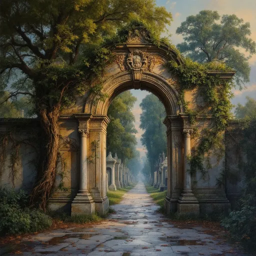 Prompt: atmospheric fine arts oil painting of the city cemetery in Roman, Romania in summer, with downed branches and leaves after a summer storm passed. Puddles on the ground. The sky, a gradient of indigo, gold and blush, casts a haunting yet serene ambiance over a weathered stone archway adorned with intricate carvings, partially draped in creeping ivy. Towering, green deciduous trees loom in the background, their branches whispering secrets to the breeze. A pathway, lined with ancient tombstones, leads into the cemetery’s tranquil depths, where shadows dance delicately.  The scene is infused with a sense of history and reverence, wrapping the viewer in an evocative embrace, reminiscent of a melancholic yet beautiful memory.