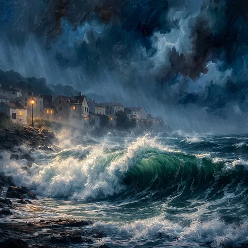 Prompt: An exquisitely detailed fine arts digital painting depicting a coastal scene during a storm. The painting features a dark, turbulent sky with swirling clouds in shades of deep blue and gray, creating a sense of impending weather. In the background, there are several white buildings, suggesting a small, picturesque coastal town or village. The buildings appear to be partially obscured by the stormy weather, with some parts of them illuminated by a yellowish light, possibly from street lamps or windows.

In the foreground, there is a large, dynamic wave crashing towards the shore, with white, frothy foam at the top and darker, churning waters below. The wave's texture is vividly captured, with detailed,swirling patterns that convey the motion and power of the storm. The painting's colors are primarily dark blues and grays, with whie foam and green swells and the yellow light providing a stark contrast.

The overall style of the painting is romantic and realistic, focusing on capturing the mood and movement of the storm rather than precise details.