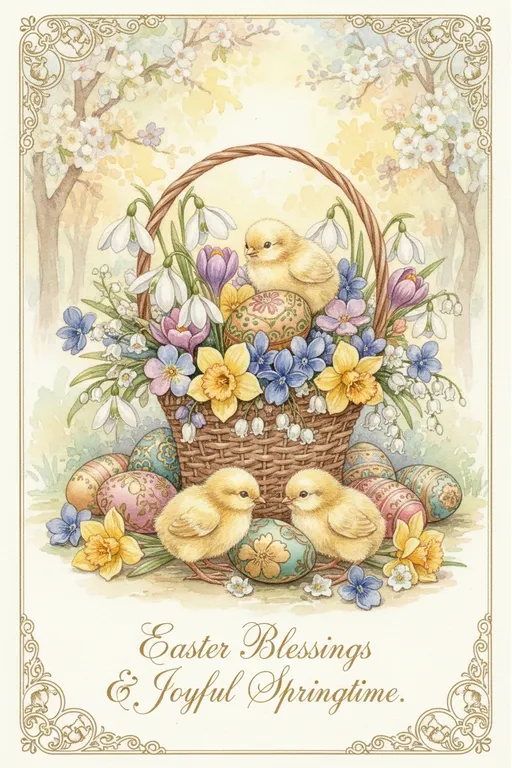 Prompt: Imagine a charming Victorian-style Easter greeting card, adorned with a delicate basket overflowing with vibrant snowdrops, cheerful crocuses, fragrant violets, sunny daffodils, and pristine lily of the valley. The scene is bathed in soft pastel hues, as the gentle light of spring filters through a canopy of blooming trees, casting a warm glow on the flowers. Nestled among the blossoms are fluffy newborn chicks, their downy feathers glowing in the light, playfully interacting with the intricately decorated Easter eggs that lay scattered around the basket. This enchanting composition, rendered in dreamy watercolor, evokes a sense of joy and renewal, capturing the delicate beauty of the season.