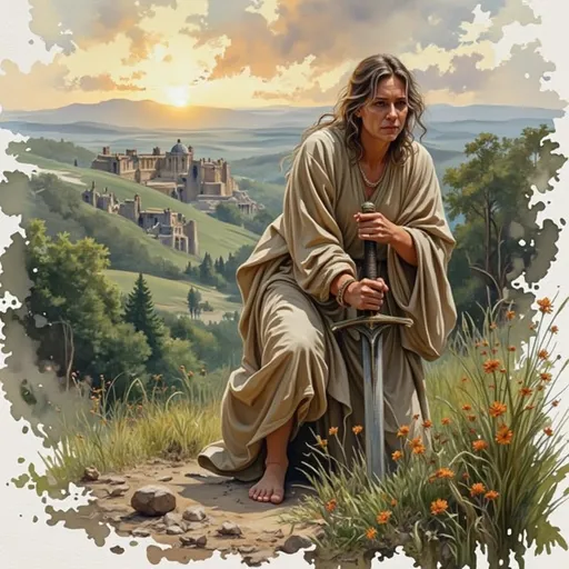 Prompt: A determined, wounded and weary woman, draped in a flowing long dress, struggles against the weight of her exhaustion as she pushes down on the hilt of a magnificent sword embedded in the soft earth to help her rise from her knees. Her face, marked by resolve and bravery, is illuminated by the golden hues of a distant sunrise that spills over lush, rolling greens and wildflowers before her, symbolizing hope and renewal. Behind her, a stark contrast unfolds; a landscape shrouded in desolation, dark and crumbling, reflects the depths of her past battles. The oil painting captures the rich textures of her garments and the dramatic interplay of light and shadow, evoking a sense of both struggle and resilience amidst beauty.