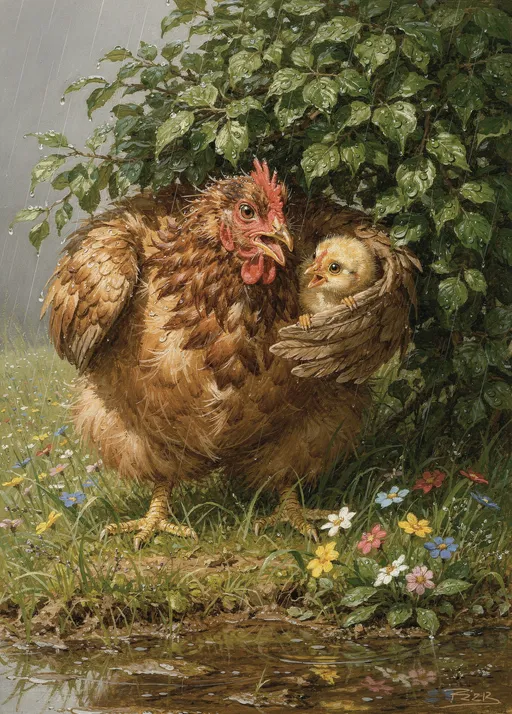 Prompt: A wet, frazzled, tired mama hen crouches beneath a leafy bush during a gentle spring rain, desperately fluffing and spreading her soaked feathers wide to tuck her rambunctious chick- a baby rooster- safely underneath her warm body. The fluffy baby is half-hidden in her plumage, peeking out with bright, rebellious eyes, trying to wriggle free and tumble into the tall, rain-drenched grass with gleeful abandon. It looks mischievously toward a patch of muddy wildflowers and puddles, scattering droplets everywhere. The mama hen wears an expression of pure maternal exhaustion — equal parts love, panic, and disbelief — as she tries in vain to gather her chaotic brood back under cover. Rain falls in shimmering silver streaks beneath a muted gray sky, the wet grass and colorful wildflowers bending softly in the breeze. Her feathers form a protective cocoon constantly being breached by tiny agents of chaos determined to explore the storm and cause mayhem. The scene balances warmth, comedy, and tenderness, capturing the impossible task of keeping adventurous babies safe. Rendered in a charming oil painting illustration style, finely detailed, expressive brushwork, luminous textures, exquisite painting.