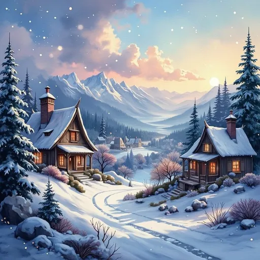 Prompt: A whimsical, misty landscape on another world unfolds as delicate snowflakes gracefully tumble from the twilight sky, blanketing the ground in a layer of shimmering white. In the distance, a quaint village glows warmly, its rustic cottages adorned with twinkling lights, surrounded by gentle hills that fade into the soft embrace of the horizon. The atmosphere is infused with a sense of magic and joy, inviting the viewer into a serene winter wonderland. The low light of dusk casts a dreamy glow on the sparkling snow, accentuating the tranquility of early winter. This captivating scene is captured in the rich, textured style of an oil painting, where the colors swirl together, evoking feelings of peace and enchantment. Sci-fi oil painting