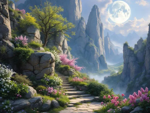 Prompt: Imagine a breathtaking springtime landscape  in exquisite oils dominated by towering, magnificent stone formations—ancient, craggy cliffs and sculptural rock spires rising from mist-filled valleys, their weathered surfaces etched with time. The stone is monumental and commanding, catching silvery moonlight along sharp ridges and fractured faces, while fine mist clings to crevices and ledges.

Nestled within cracks and terraces of the rock, an otherworldly rock garden has taken hold. Delicate life emerges improbably from the stone: tender green shrubs, forsythia, and small, wind-shaped trees rooted in narrow seams of soil. Soft pink and white blossoms cascade from the rock faces, while lilacs, daffodils, hyacinths, snowdrops, tulips, irises, bluebells, dandelions, and other spring flowers bloom in pockets between boulders and along natural stone steps, as if the cliffs themselves are flowering.

Moonlight glimmers on dew-kissed petals and mineral surfaces alike, lending a cool, faintly golden glow to the stone and blooms. Above, fluffy white clouds drift lazily across a star-filled night sky streaked with distant nebulae, casting gentle shadows that emphasize the scale and texture of the rock formations. Below, sparse but lush dark green grasses ripple softly at the base of the cliffs, reinforcing the contrast between unyielding stone and fragile life.

Rendered as a highly detailed oil landscape in the spirit of 19th-century realist painting, the scene invites the viewer to lose themselves in the serene tension between monumental geology and the quiet persistence of spring.
