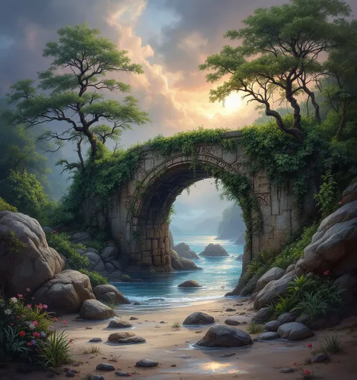 Prompt: Create a n atmospheric oil painting of an enchanting late summer scene set on a misty beach with large rocks and tall, lush vegetation. The sky overhead is brooding with the remnants of a departing storm, clouds swirling in shades of blush, gold and purple, while a slight haze gradually drifts in from afar, hinting at the changing weather.  An old, mysterious carved stone archway bridge, partially shrouded in lush vines and moss, invites curiosity, its weathered surface telling tales of long-forgotten pathways. The beach is covered in dense, jungle-like vegetation with vines, trees and flowering plants. The entire composition is imbued with a sense of tranquility and mystery, perfect for a cinematic lighting, oil painting style.