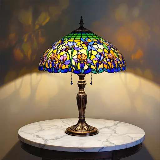 Prompt: Stained glass Tiffany lamp, with a pattern of irises and hummingbirds, on a marble table, oil painting