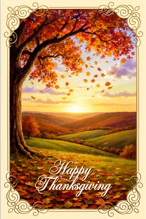 Prompt: Envision a Thanksgiving greeting card set in a picturesque outdoor scene, where vibrant autumn leaves cascade gently from the branches of towering oaks. The rolling hills, blanketed with hues of amber and rust, stretch toward the horizon under a golden, late afternoon sun that casts warm, inviting light across the landscape resplendent with greens, refs, browns, purples, yellows and orange tones. A delicate curlicue frame embellishes the edges of the card, its intricate design harmonizing beautifully with the surrounding nature. Wispy clouds drift lazily across the sky, while a gentle breeze stirs the fallen leaves, creating a whimsical dance of colors. The warm, rich tones of oil paint enhance the overall feeling of coziness and gratitude inherent in the Thanksgiving season. Happy Thanksgiving written in elaborate script
