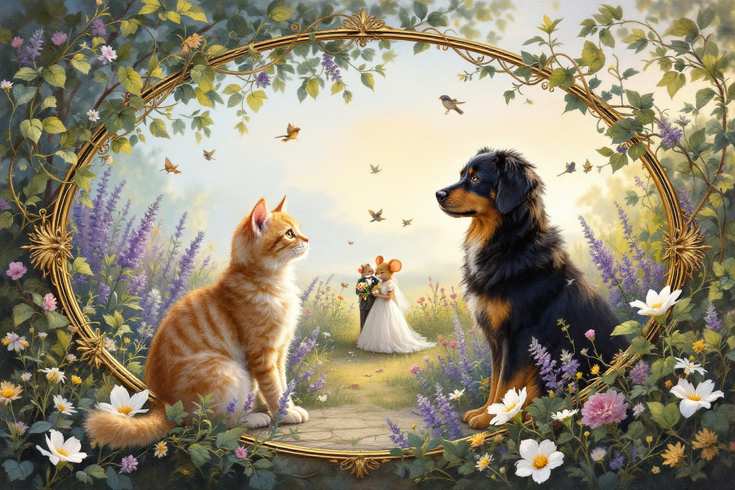 Prompt: oil painting, farm cat and guard dog talk, observing a distant mouse wedding, enchanting farm setting, whimsical storybook illustration in oval frame adorned with lush vines and verdant leaves, delicate gold rim, dreamy ambiance, romantic atmosphere, soft, muted colors, ethereal and magical feel, ultra-detailed, high-quality art masterpiece.