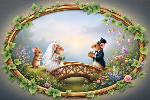 Prompt: oil painting, farm mice planning a wedding, enchanting farm setting, whimsical storybook illustration in oval frame adorned with lush vines and verdant leaves, delicate gold rim, dreamy ambiance, romantic atmosphere, soft, muted colors, ethereal and magical feel, ultra-detailed, high-quality art masterpiece.