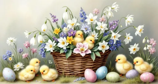 Prompt: Victorian-style Easter greeting card. Basket of snowdrops, crocuses, violets, daffodils, lily of the valley.  Fluffy newborn chicks and Easter eggs. Watercolors.