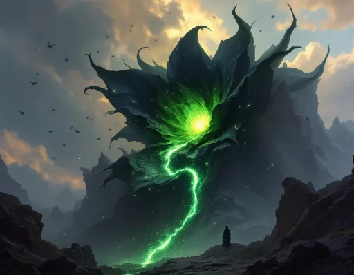 Prompt: A cinematic dark-fantasy oil illustration focused on a colossal, unearthly blossom growing from the split summit of a crystalline mountain. The flower is fused into the shattered peak, its thick stem rooted in a glowing fault line. Velvety black petals unfurl like tendrils of night, absorbing the brilliant colors of the fairy realm below. Light bends toward it and vanishes into its surface.

At its core, a radiant nucleus pulses with cold cosmic luminescence. From this center drift clouds of luminous, green miasmic pollen, glowing softly against the darkening sky. The pollen coils outward in slow, hypnotic spirals.

Swarms of bees, moths, butterflies, and other winged pollinators gather in trance-like devotion around the bloom. Their bodies become dusted with the toxic glow, wings shimmering as they carry the corrupted pollen away from the mountain and out across the valley. Trails of green luminescence follow their flight paths like spreading contagion.

Behind the flower, a vertical tear in the sky widens, revealing indigo darkness and distant swirling galaxies. The blossom appears to anchor the rupture, its petals framing and feeding the breach. Shadowed cosmic energy streams downward, mingling with drifting pollen.

Below, the once-radiant fairy valley fades as color drains from flowers and grasses touched by the falling spores. Blossoms wilt mid-bloom; bright meadows dull to ashen hues. The air glows faintly with suspended pollen, beautiful and deadly.

High-contrast lighting, luminous oil-paint texture, visible brushstrokes, intricate petal detail, glowing particulate atmosphere, beautiful yet catastrophic, richly textured realistic storybook illustration style.