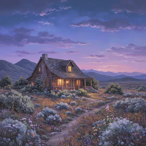 Prompt: A rustic, lonely cottage stands resolutely amidst the undulating hills, its weathered wooden exterior glowing softly in the fading light of twilight. The sky transitions to a canvas of deep indigos and soft purples, with the last slivers of sunlight casting a gentle embrace over the landscape. Surrounding the cottage, sagebrush sways softly in the cool evening breeze, while late-season grasses and delicate wildflowers bloom with vibrant hues, illuminated by the emerging stars above. The air carries the faint scent of earth and floral sweetness, capturing the serene hush of dusk. The scene evokes a sense of calm solitude, as the cottage beckons to weary travelers. Rendered in oils, reminiscent of Bob Ross's warm, joyful style, every brushstroke breathes life into this tranquil haven of nature's beauty.