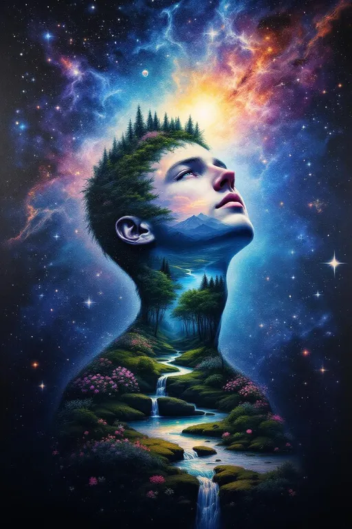 Prompt: Abstract, surrealistic, double-exposure style oil painting. The entire outer background of the canvas is only deep outer space: a star-filled night sky with nebulae, a distant galaxies, a faint but recognizable Earth, supernova clouds, and cosmic colors. There is no landscape outside the figure, only space.

In the center is the clearly-defined silhouette of a man’s bust and head, looking highly upward in quiet wonder. The silhouette is not dark. Instead, the inside of the silhouette contains a complete world, like a window into another reality.

Inside the man’s silhouette, the image is divided naturally by his features:

In the upper part of the silhouette (his face and forehead area):
there is a bright daylight sky full of soft clouds and luminous atmosphere, as though his thoughts open upward into light.

In the lower part of the silhouette (his neck, and shoulders):
there is an Edenic alien landscape with lush deep-green grass, otherworldly flowers in profusion, flowering vines, moss, shrubs, rivers, lakes, and distant mountain forests. Show rich detail and color here, like life is rooted inside her.  

His hair is formed from nodes of energy swirling down from the stars and the nebula.

The transition between sky and landscape should feel natural and painterly, as if the sky gently fades down into the living world inside his silhouette, as though the man is forged from the land and the stars.

Important clarifications for composition:
Only the man’s silhouette contains the sky and landscape.
Everything outside the silhouette must remain deep outer space.
Do not place the man in front of a landscape.
Do not make the silhouette dark or empty.
The landscape and sky exist only inside his shape.

Oil painting style, fine brushwork, luminous color, ethereal and emotional, poetic and surreal rather than literal. Mood of wonder, hope, and spiritual beauty.